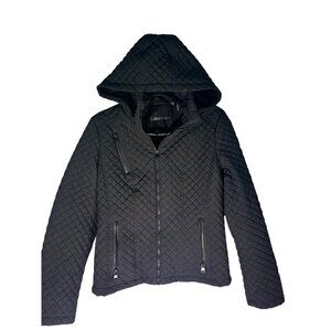 Calvin Klein Womens Quilted Hooded Jacket With Zipper Pockets & Front Zip Closur
